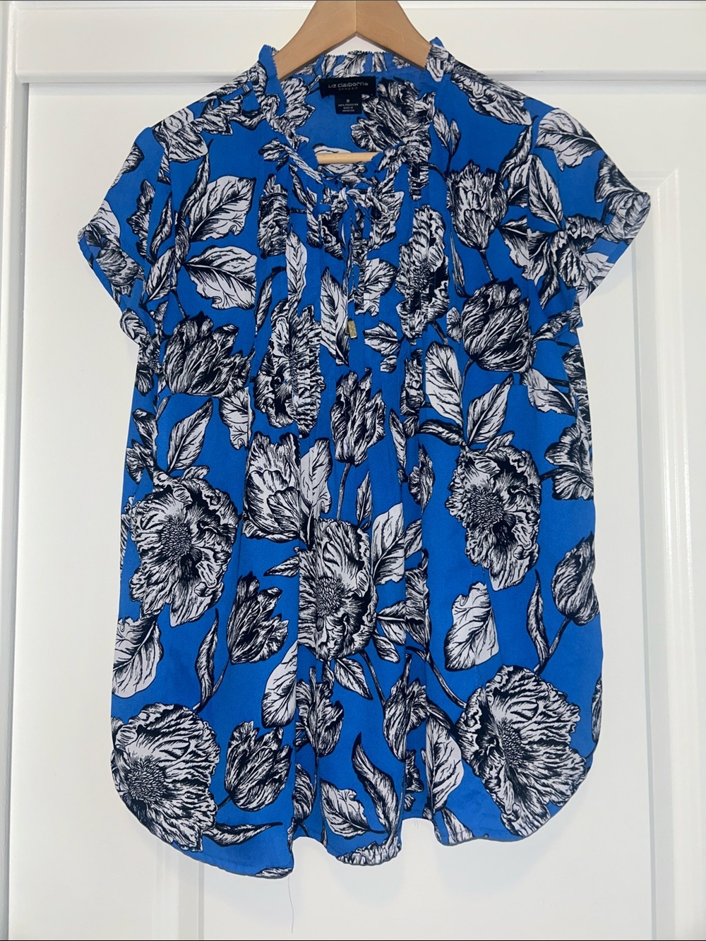 Liz Claiborne Royal Blue Floral Tie-Neck Blouse